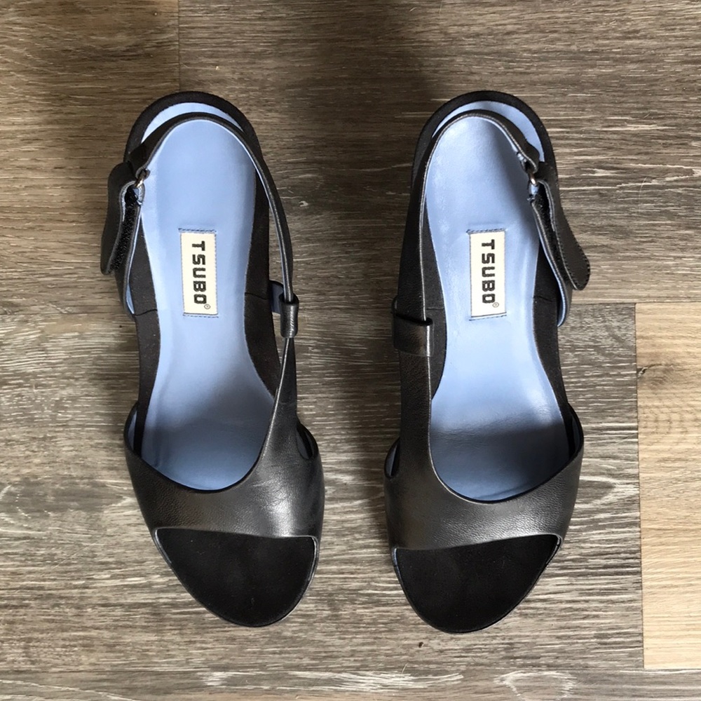 Black TSUBO open-toe slingback heels